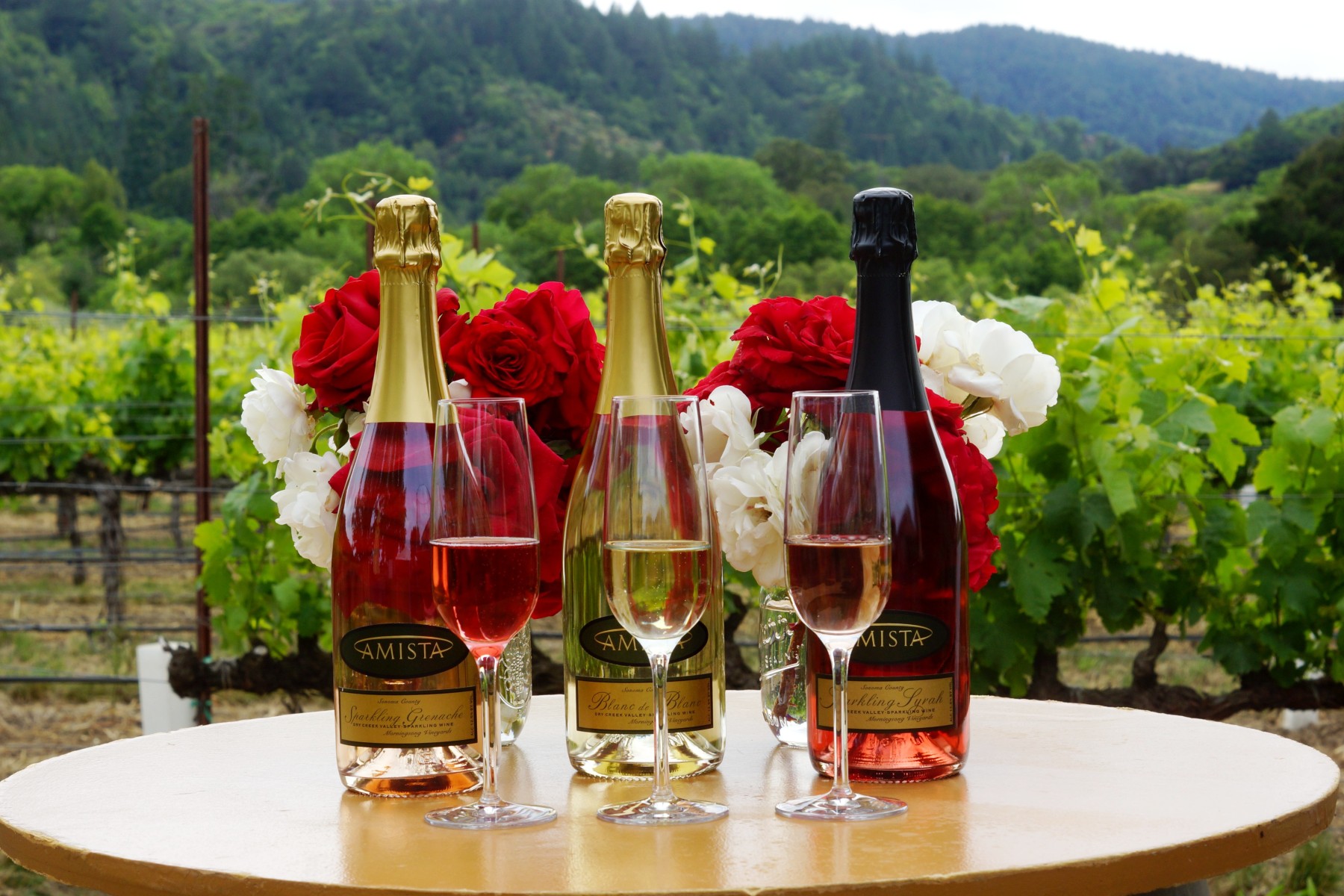 A Trio of Sparkling Wines from Amista Vineyards with Flowers and Vineyard in the Background