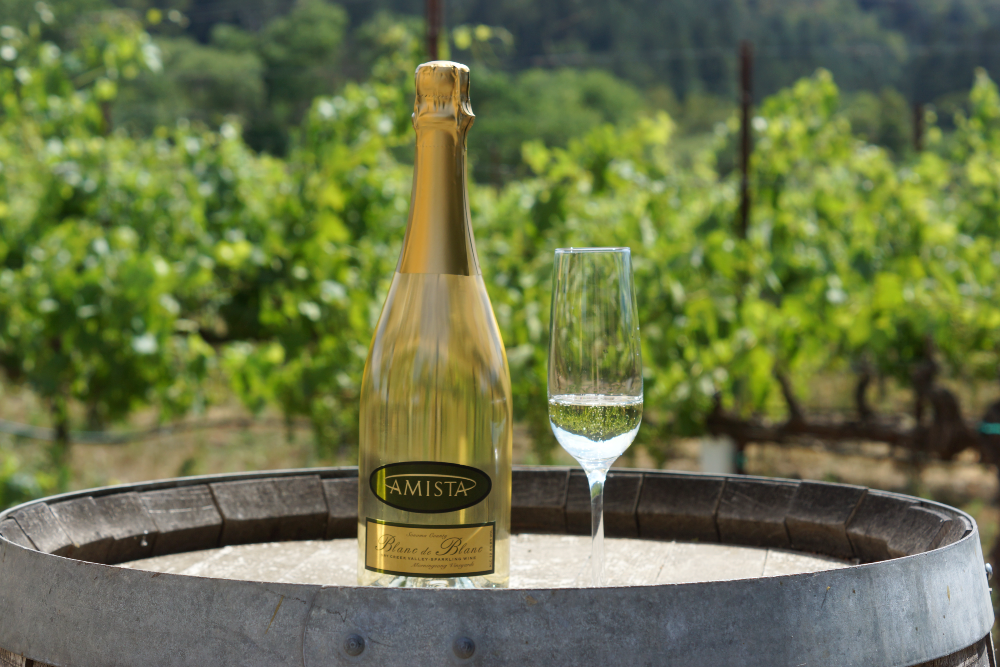 Amista Vineyards Sparkling Blanc de Blanc - Bottle and Glass in the Vineyards