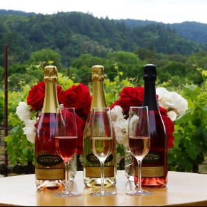 Sparkling Wines and Roses at Amista Vineyards with Vines in Background
