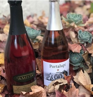 Amista Vineyards Sparkling Syrah, Two Festive Glasses with Bottle and Corks