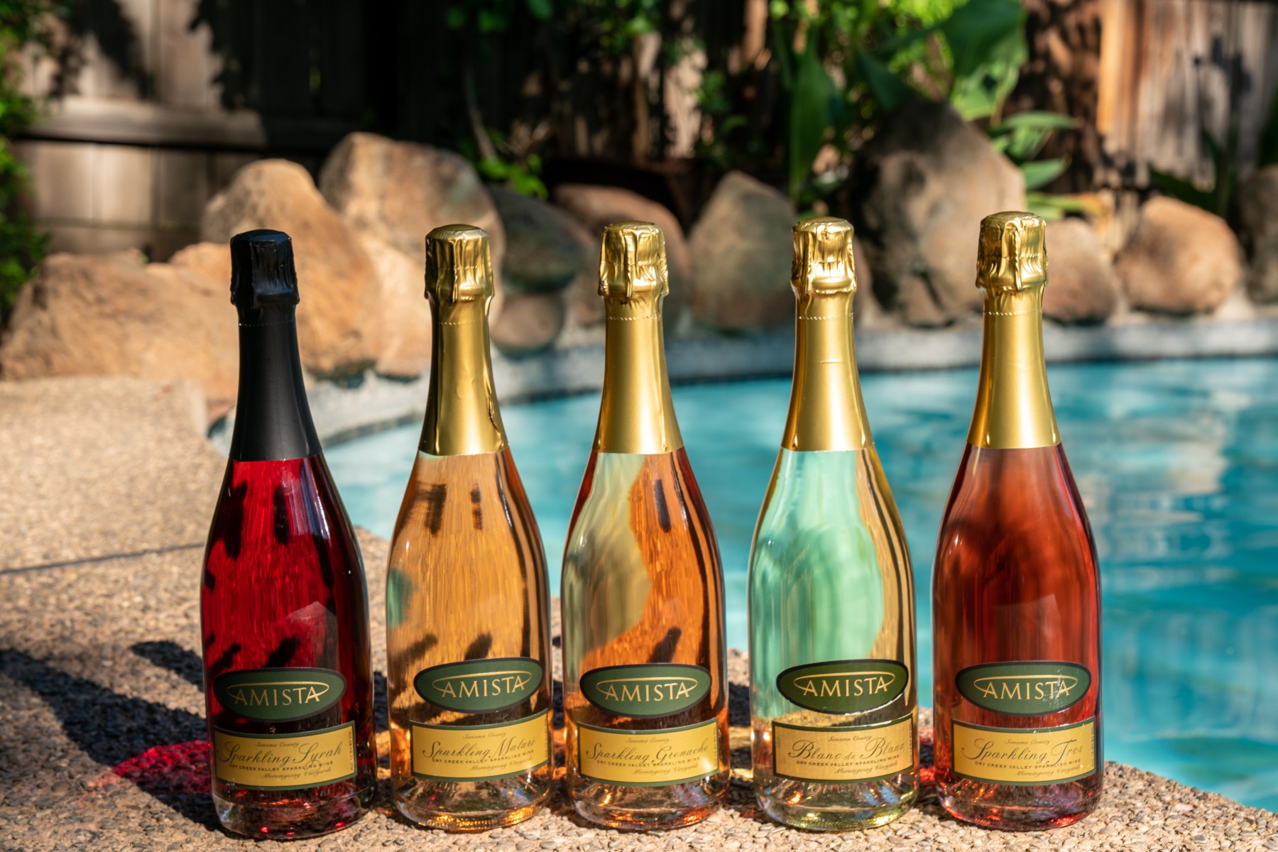 Amista Wine Colors of Sparkling Wine Bottles Near Pool
